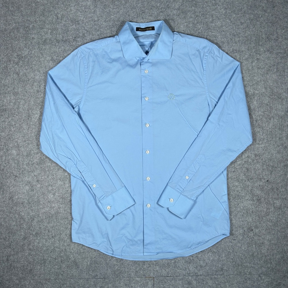 Roberto Cavalli Shirt Mens 41/16 Blue Button Up Logo Luxury Designer Business
